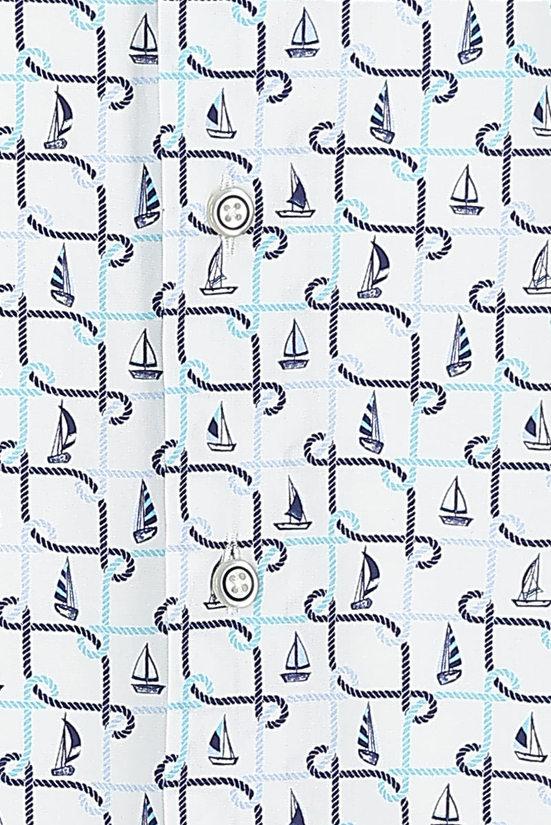 Kırık Beyaz Uzun Kol Baskılı Slim Fit Dar Kesim Pamuk Gömlek