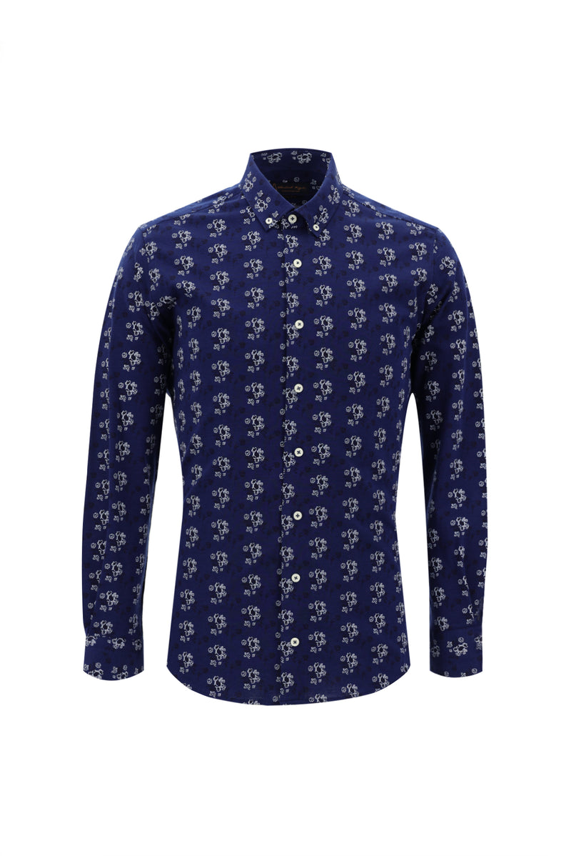 Koyu Havacı Uzun Kol Slim Fit Dar Kesim Baskılı Spor Pamuk Gömlek