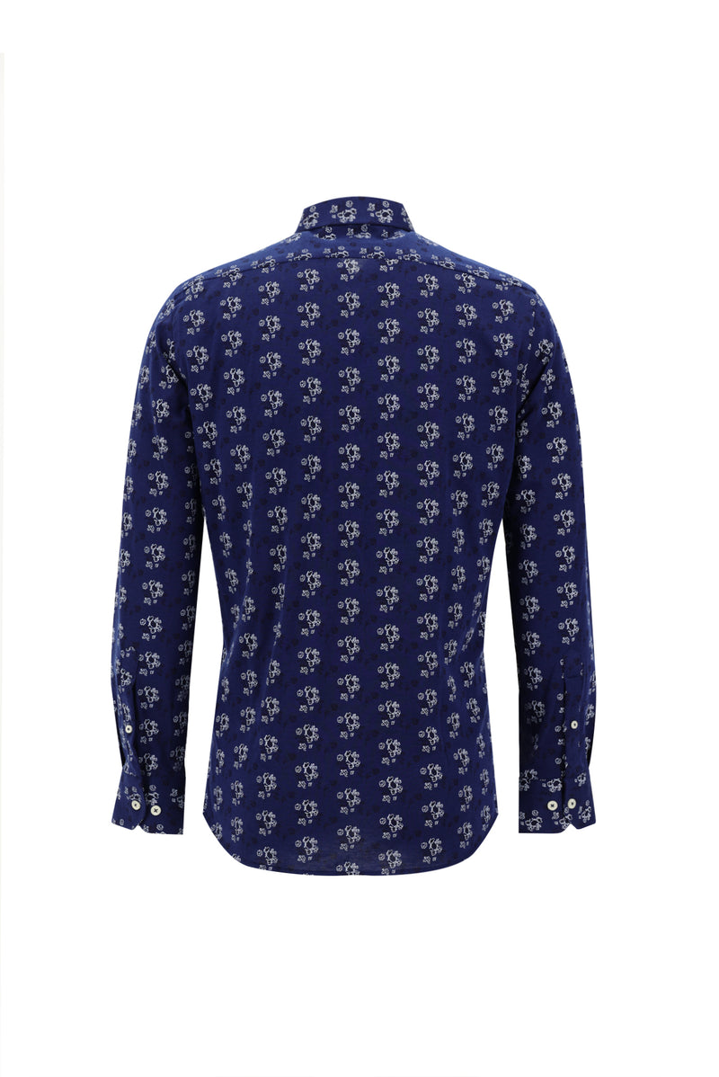 Koyu Havacı Uzun Kol Slim Fit Dar Kesim Baskılı Spor Pamuk Gömlek