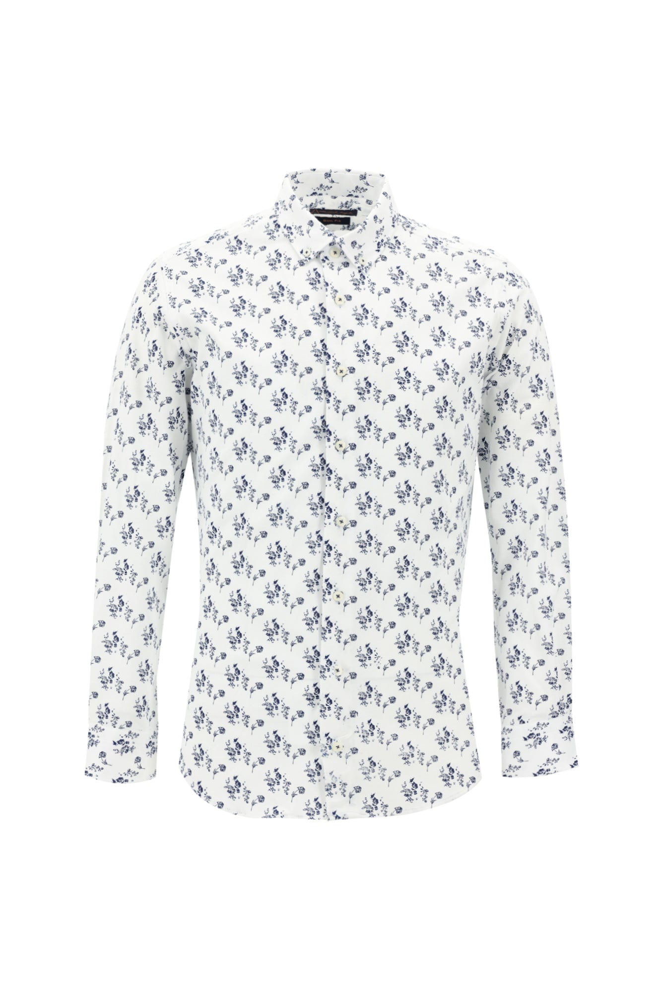 Beyaz Uzun Kol Slim Fit Dar Kesim Baskılı Pamuk Gömlek