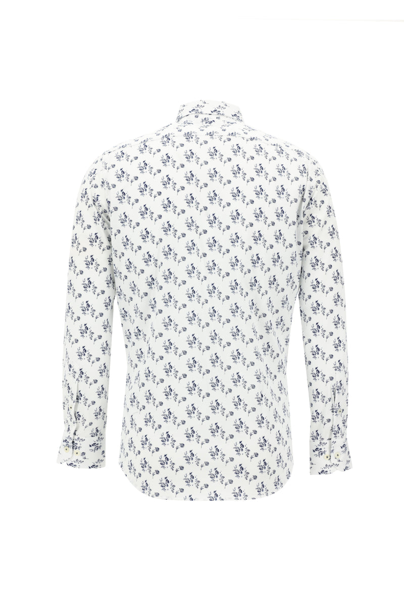 Beyaz Uzun Kol Slim Fit Dar Kesim Baskılı Pamuk Gömlek
