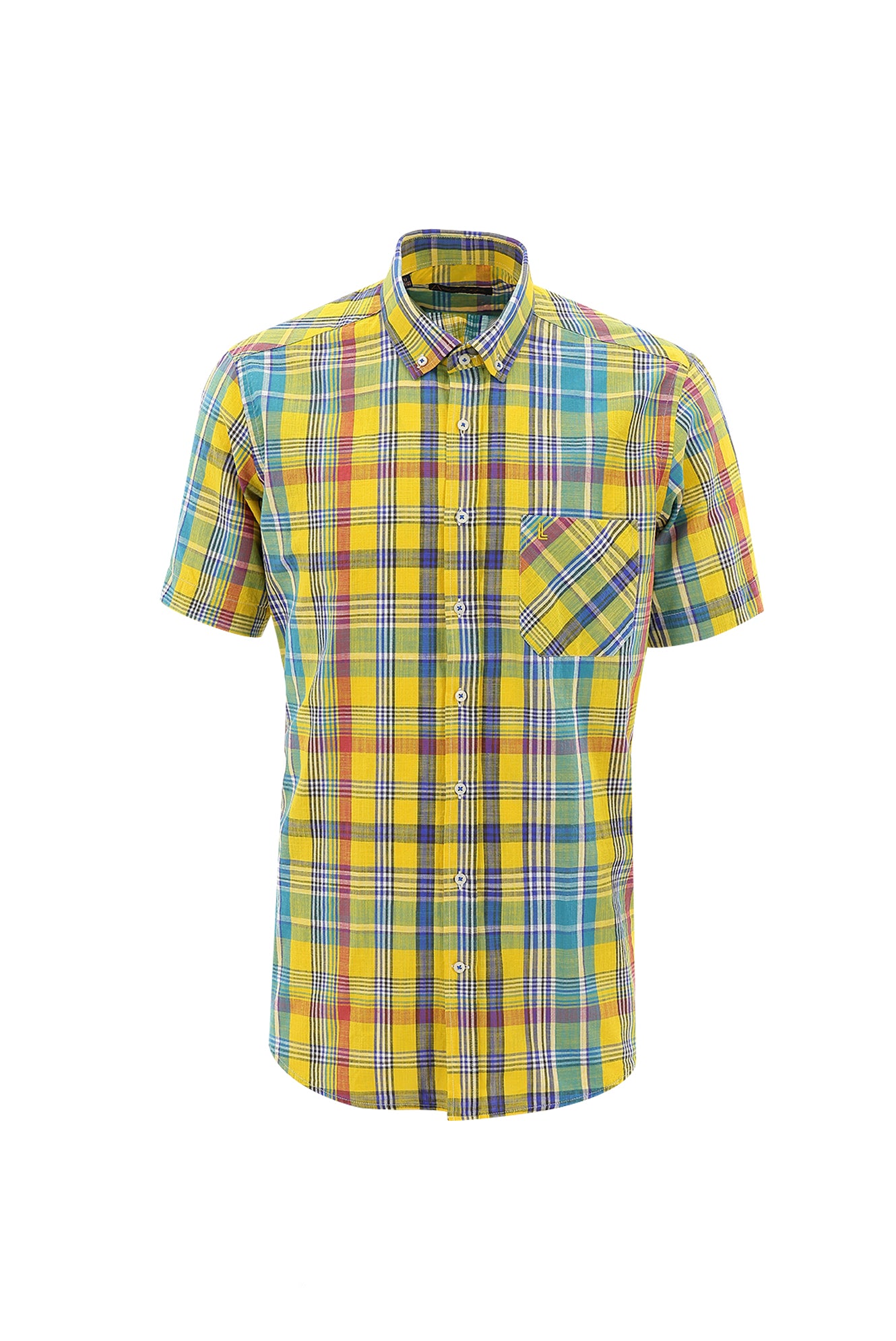 Koyu Sarı Kısa Kol Regular Fit Ekose Spor Pamuk Gömlek