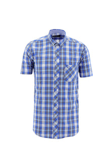 Kobalt Mavi Kısa Kol Regular Fit Ekose Spor Pamuk Gömlek