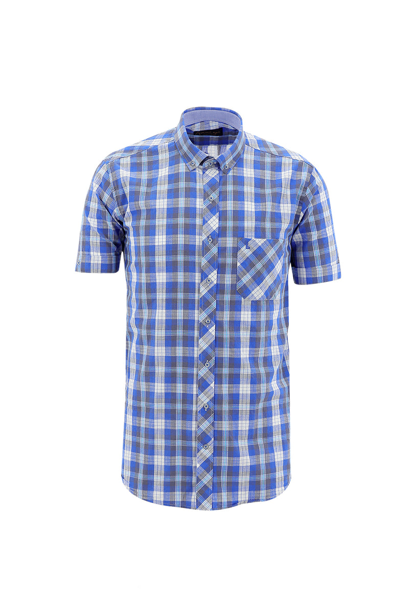 Kobalt Mavi Kısa Kol Regular Fit Ekose Spor Pamuk Gömlek