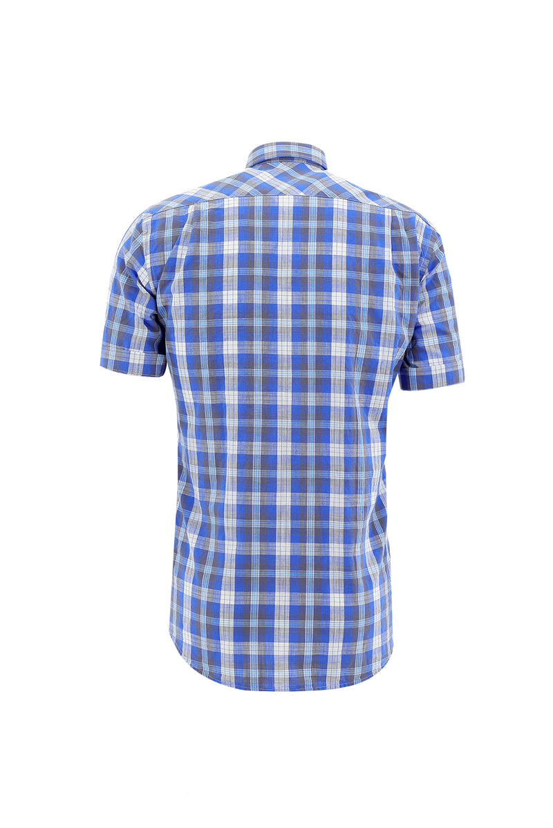 Kobalt Mavi Kısa Kol Regular Fit Ekose Spor Pamuk Gömlek