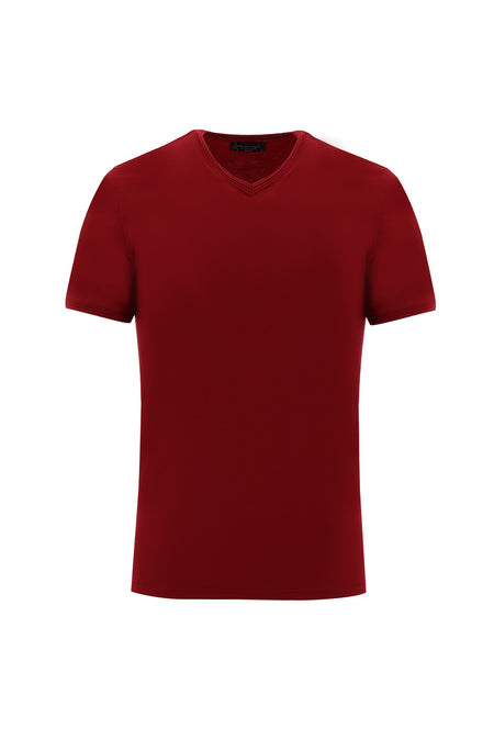 Koyu Kırmızı V Yaka Slim Fit Dar Kesim T-shirt