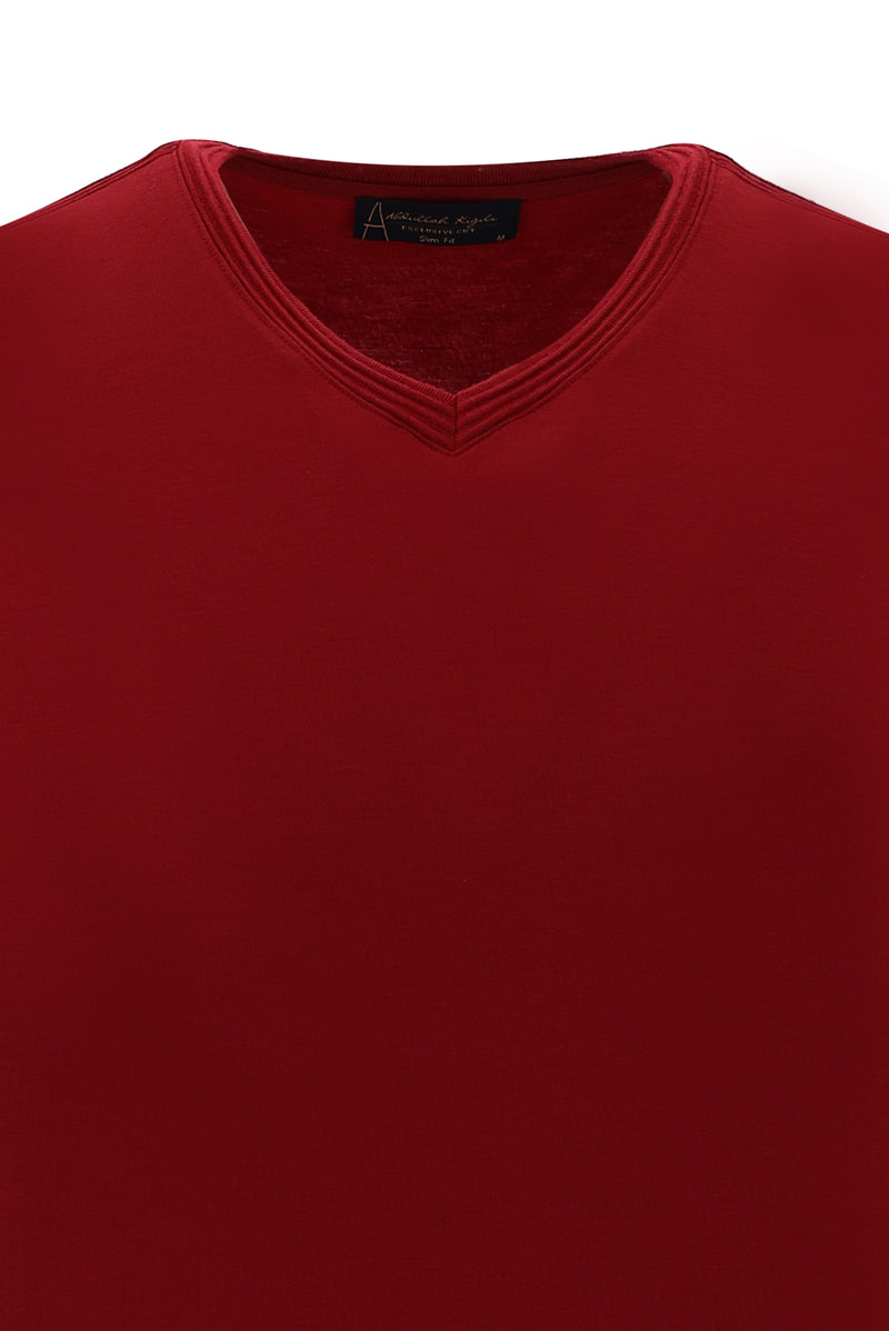 Koyu Kırmızı V Yaka Slim Fit Dar Kesim T-shirt