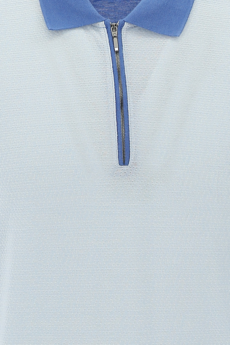 Açık Mavi Polo Yaka Fermuarlı Regular Fit Desenli T-shirt