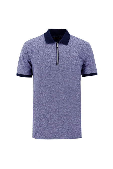 Saks Mavi Polo Yaka Fermuarlı Regular Fit Desenli T-shirt