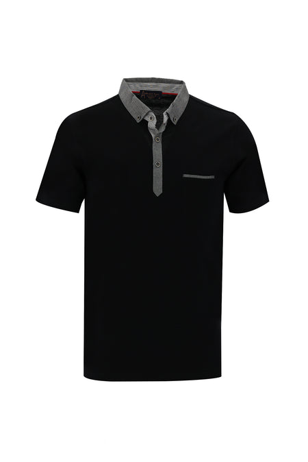 Siyah Polo Yaka Regular Fit Desenli Merserize Pamuk T-shirt