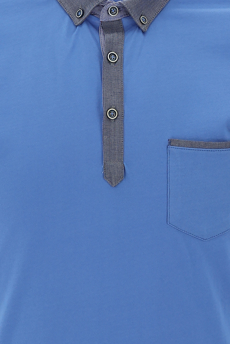 Havacı Mavi Polo Yaka Regular Fit Desenli Merserize Pamuk T-shirt