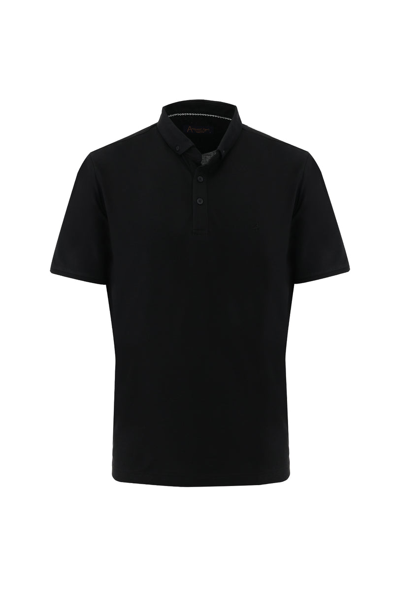 Siyah Polo Yaka Regular Fit Nakışlı T-shirt
