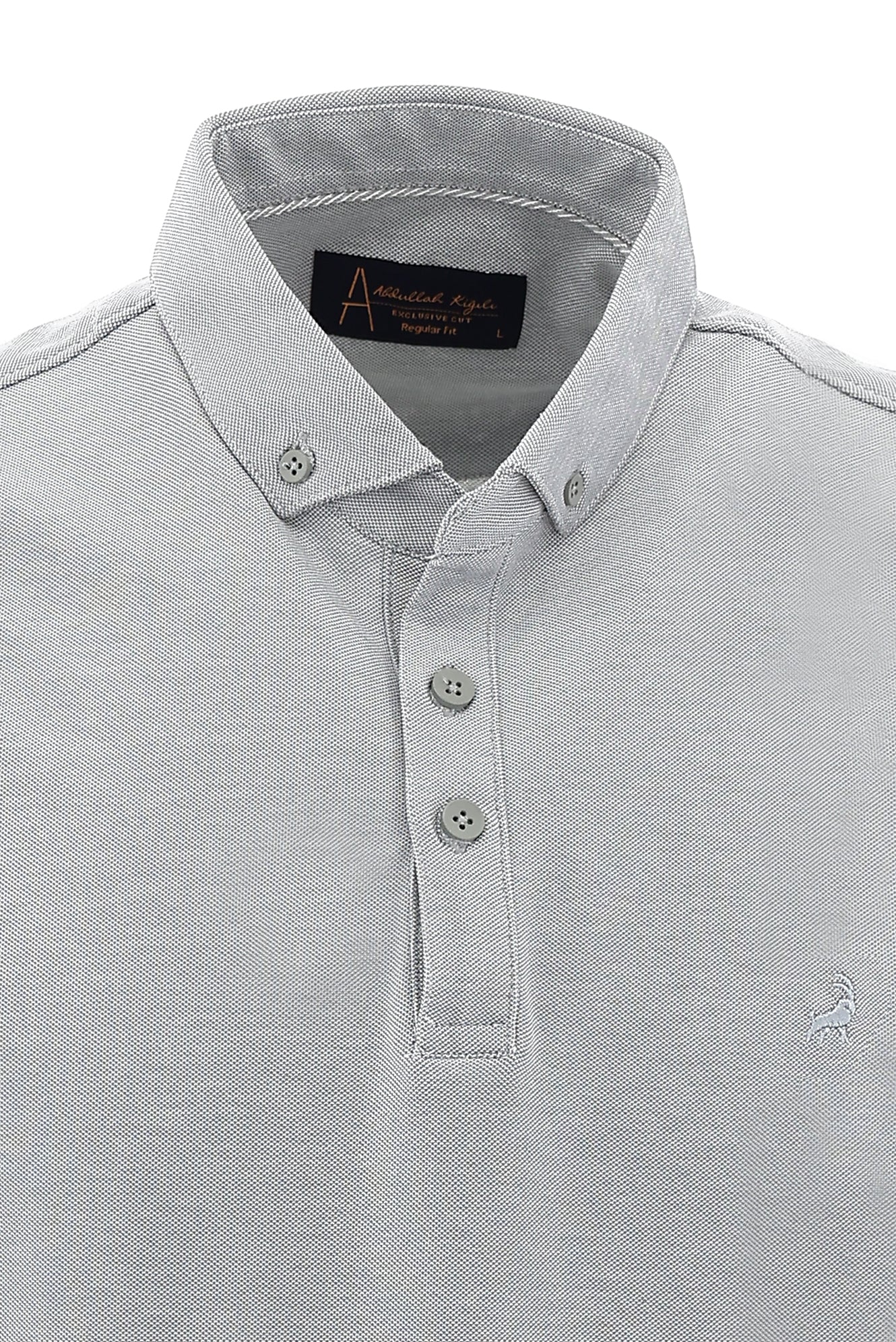 Orta Gri Polo Yaka Regular Fit Nakışlı T-shirt