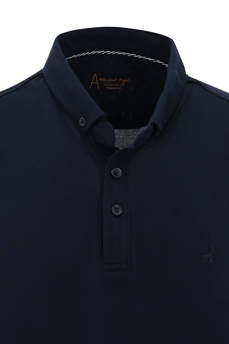 Orta Lacivert Polo Yaka Regular Fit Nakışlı T-shirt