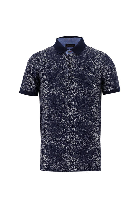 Orta Lacivert Polo Yaka Slim Fit Dar Kesim Bask?l? Pamuk T-shirt-Abdullah Ki??l?