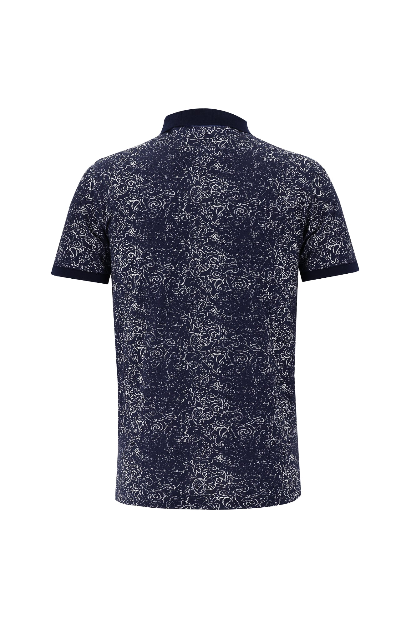 Orta Lacivert Polo Yaka Slim Fit Dar Kesim Bask?l? Pamuk T-shirt-Abdullah Ki??l?