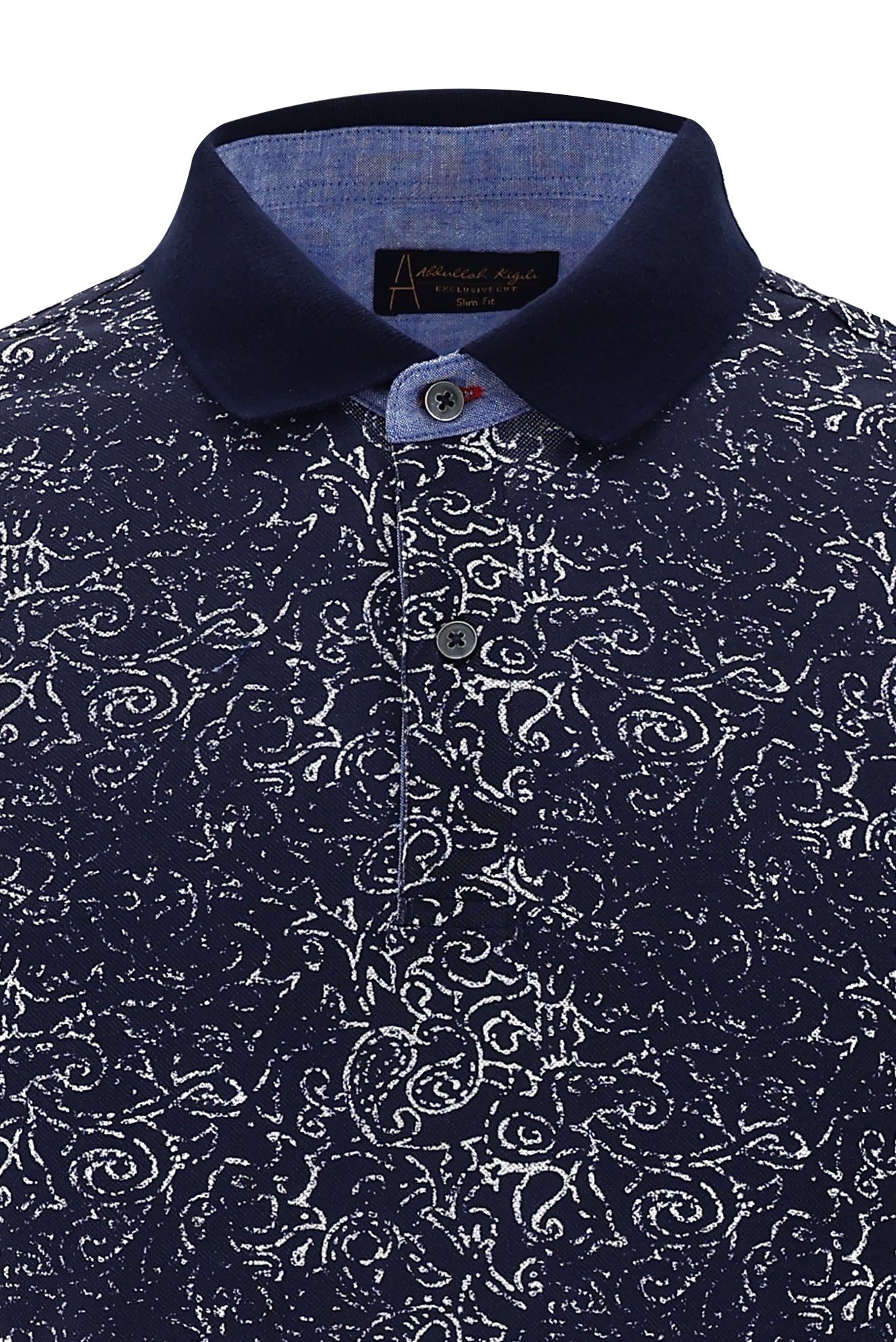 Orta Lacivert Polo Yaka Slim Fit Dar Kesim Bask?l? Pamuk T-shirt-Abdullah Ki??l?