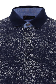 Orta Lacivert Polo Yaka Slim Fit Dar Kesim Bask?l? Pamuk T-shirt-Abdullah Ki??l?