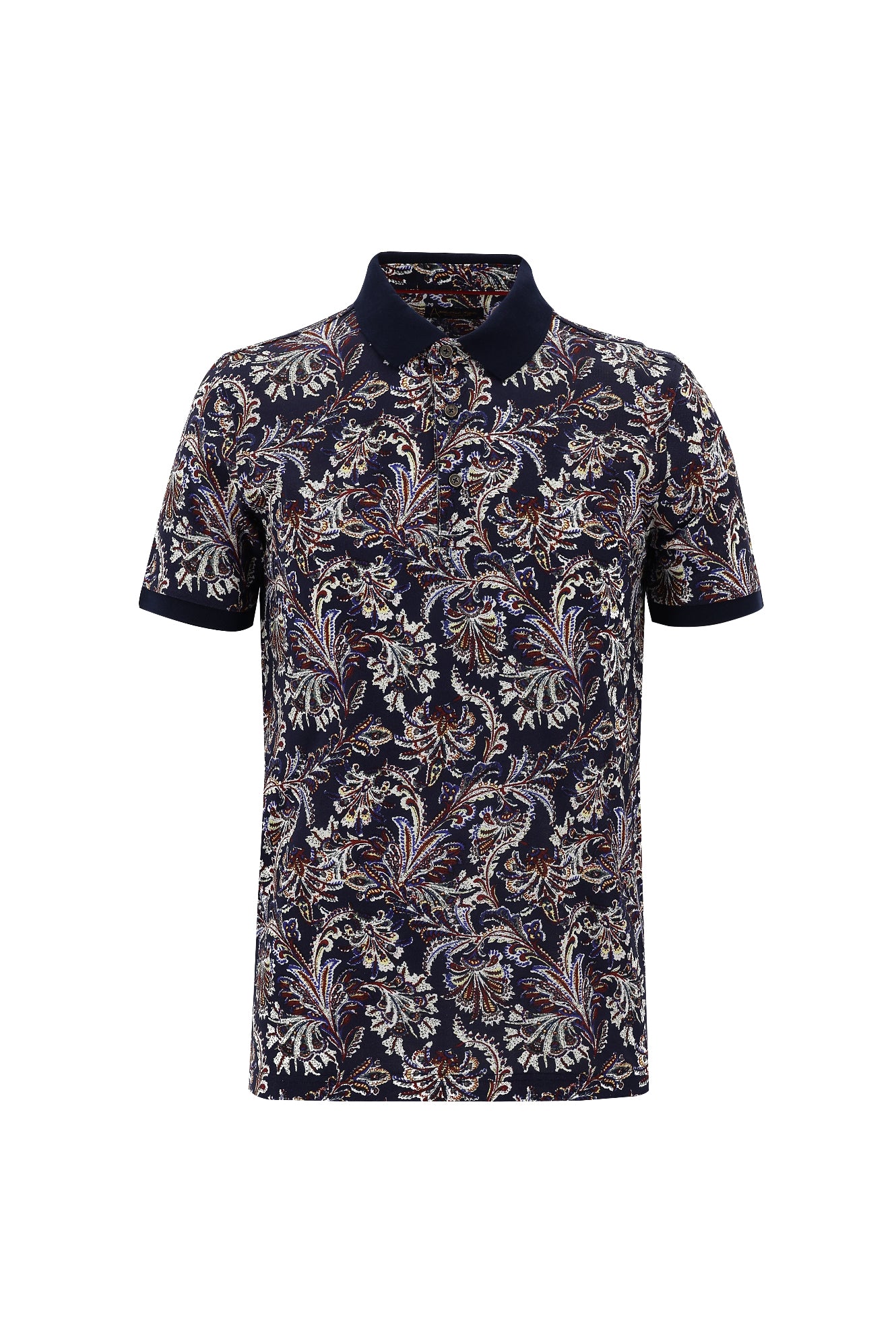 Orta Lacivert Polo Yaka Slim Fit Dar Kesim Bask?l? Pamuk T-shirt-Abdullah Ki??l?