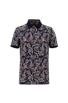 Orta Lacivert Polo Yaka Slim Fit Dar Kesim Bask?l? Pamuk T-shirt-Abdullah Ki??l?
