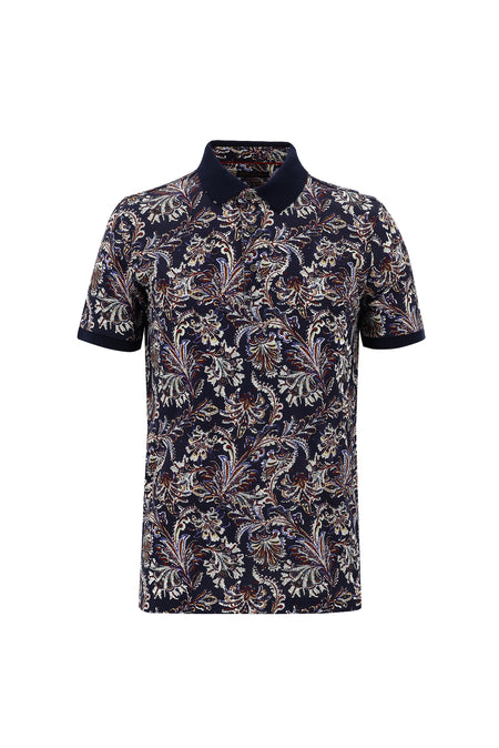 Orta Lacivert Polo Yaka Slim Fit Dar Kesim Bask?l? Pamuk T-shirt-Abdullah Ki??l?