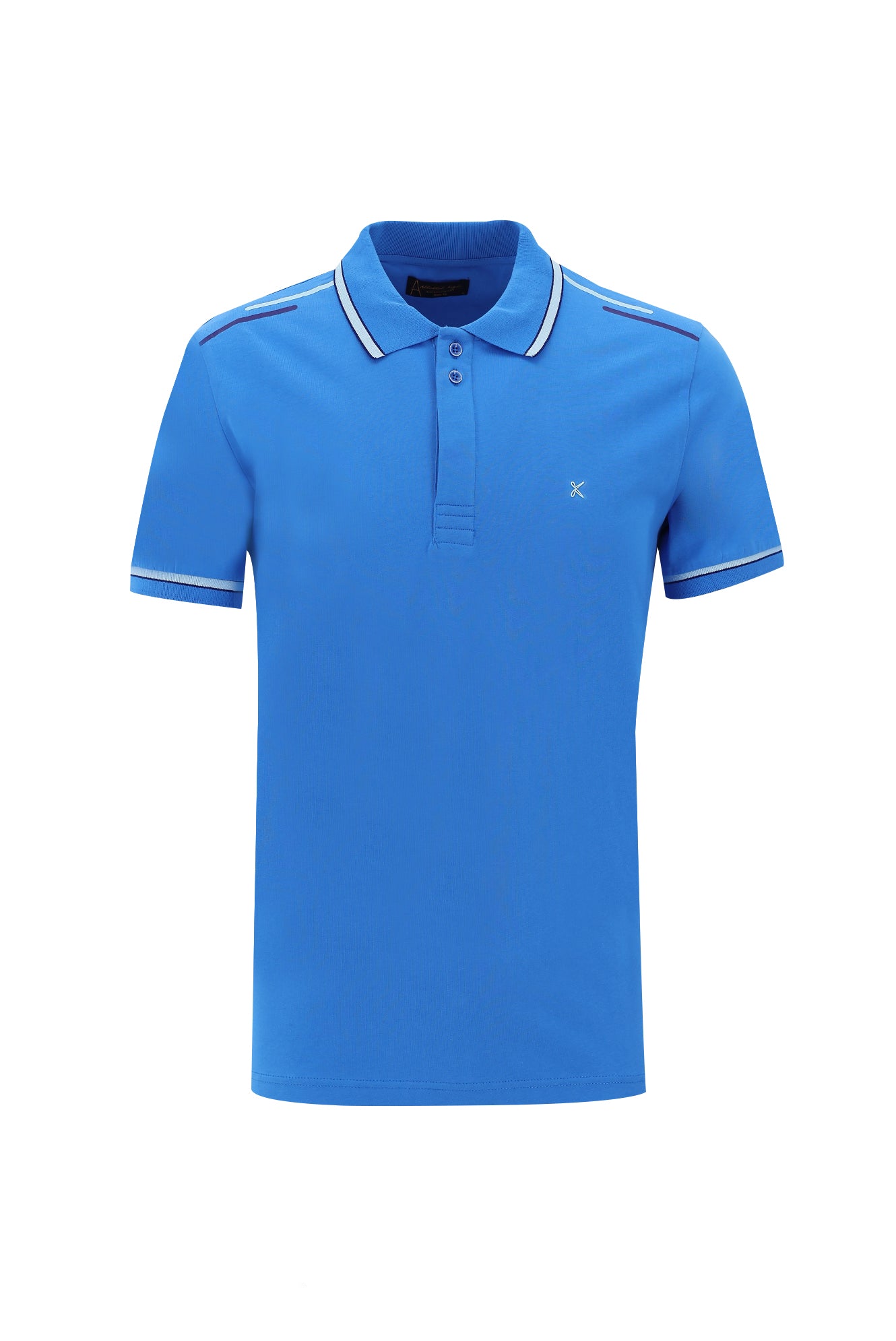 Su Mavisi Polo Yaka Slim Fit Dar Kesim Nakışlı Pamuk T-shirt