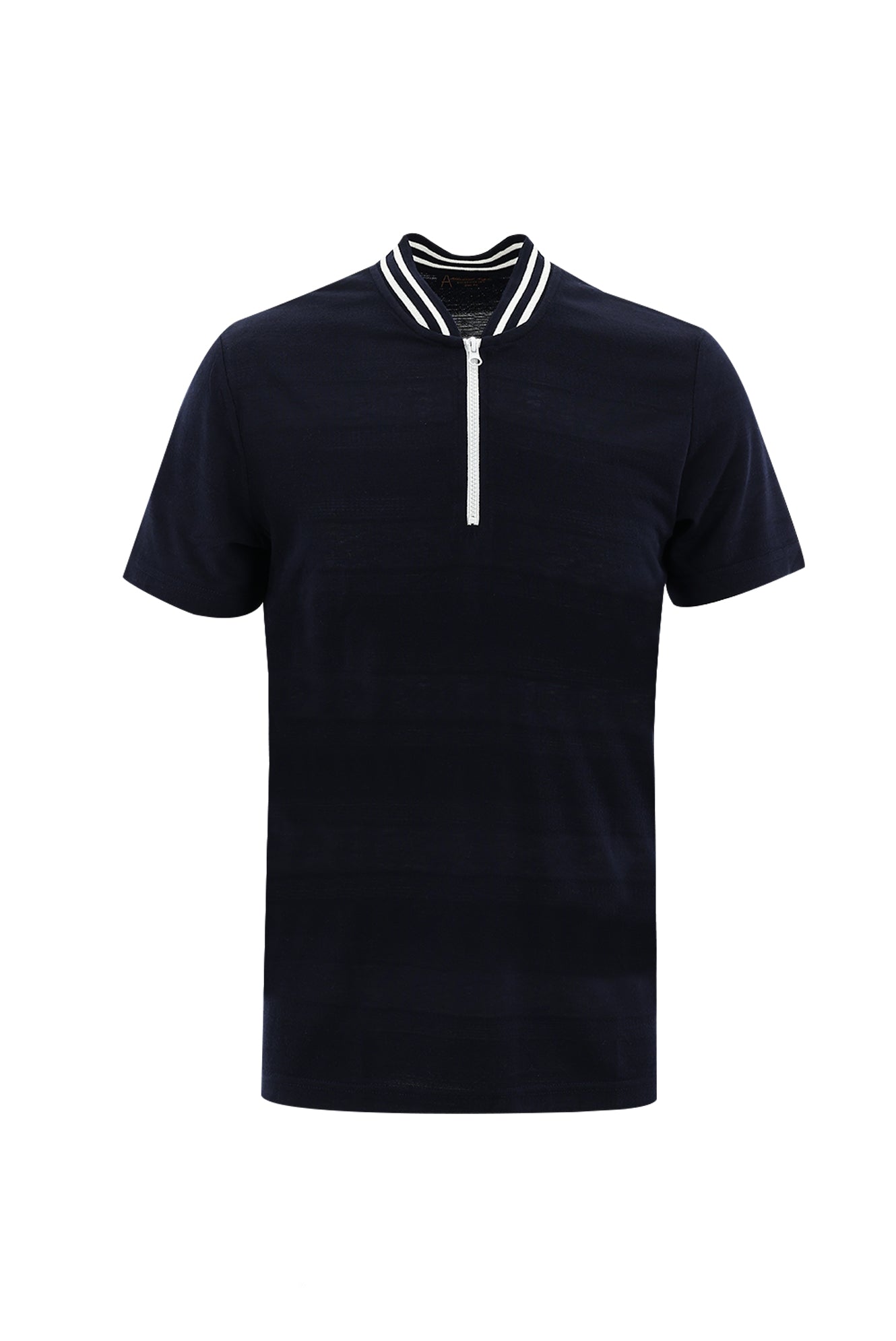 Orta Lacivert Hakim Yaka Slim Fit Dar Kesim Fermuarlı Desenli T-shirt