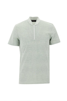 Su Yeşili Hakim Yaka Slim Fit Dar Kesim Fermuarlı Desenli Pamuklu T-shirt