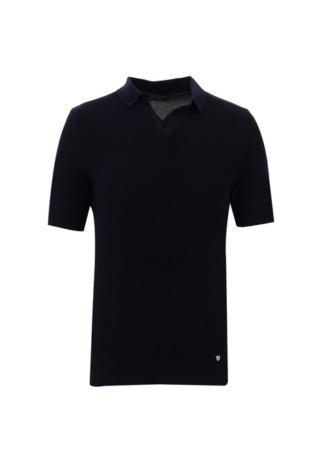 Orta Lacivert Polo Yaka Slim Fit Dar Kesim Desenli T-shirt