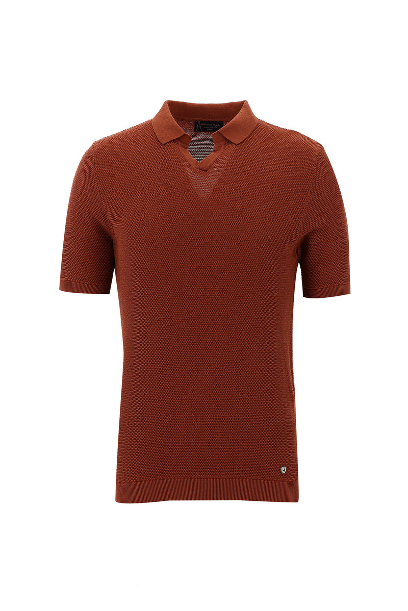 Kiremit Polo Yaka Slim Fit Dar Kesim Desenli T-shirt