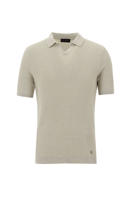 Açık Vizon Polo Yaka Slim Fit Dar Kesim Desenli T-shirt