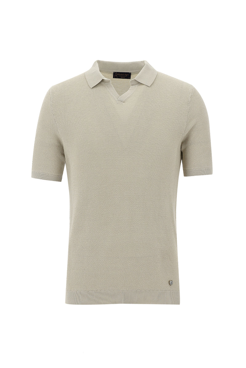 Açık Vizon Polo Yaka Slim Fit Dar Kesim Desenli T-shirt