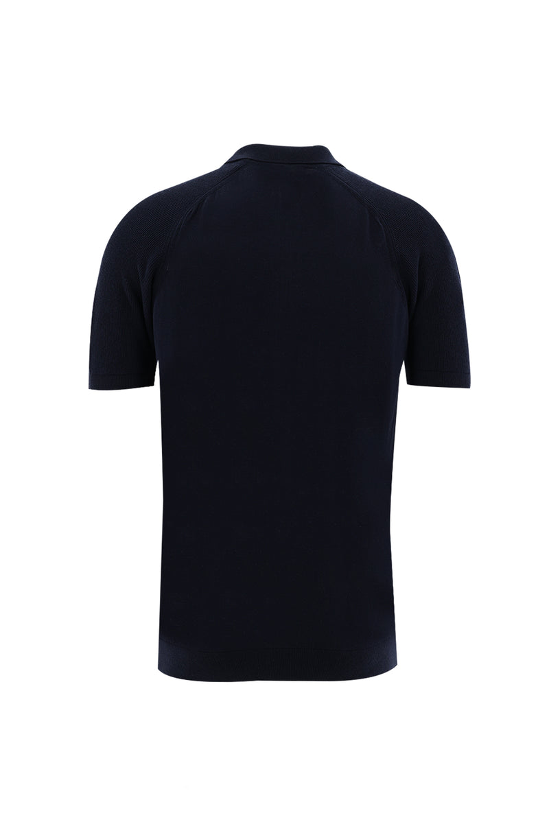 Orta Lacivert Polo Yaka Slim Fit Dar Kesim Fermuarlı Desenli T-shirt