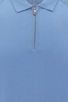 Havacı Mavi Polo Yaka Slim Fit Dar Kesim Fermuarlı Desenli T-shirt