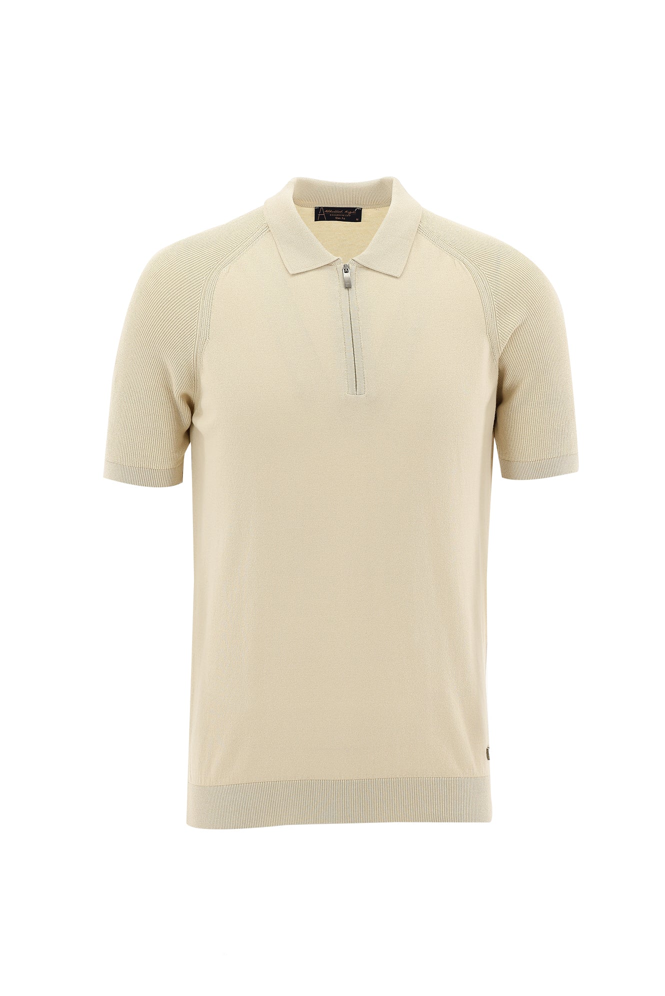 Orta Bej Polo Yaka Slim Fit Dar Kesim Fermuarlı Desenli T-shirt