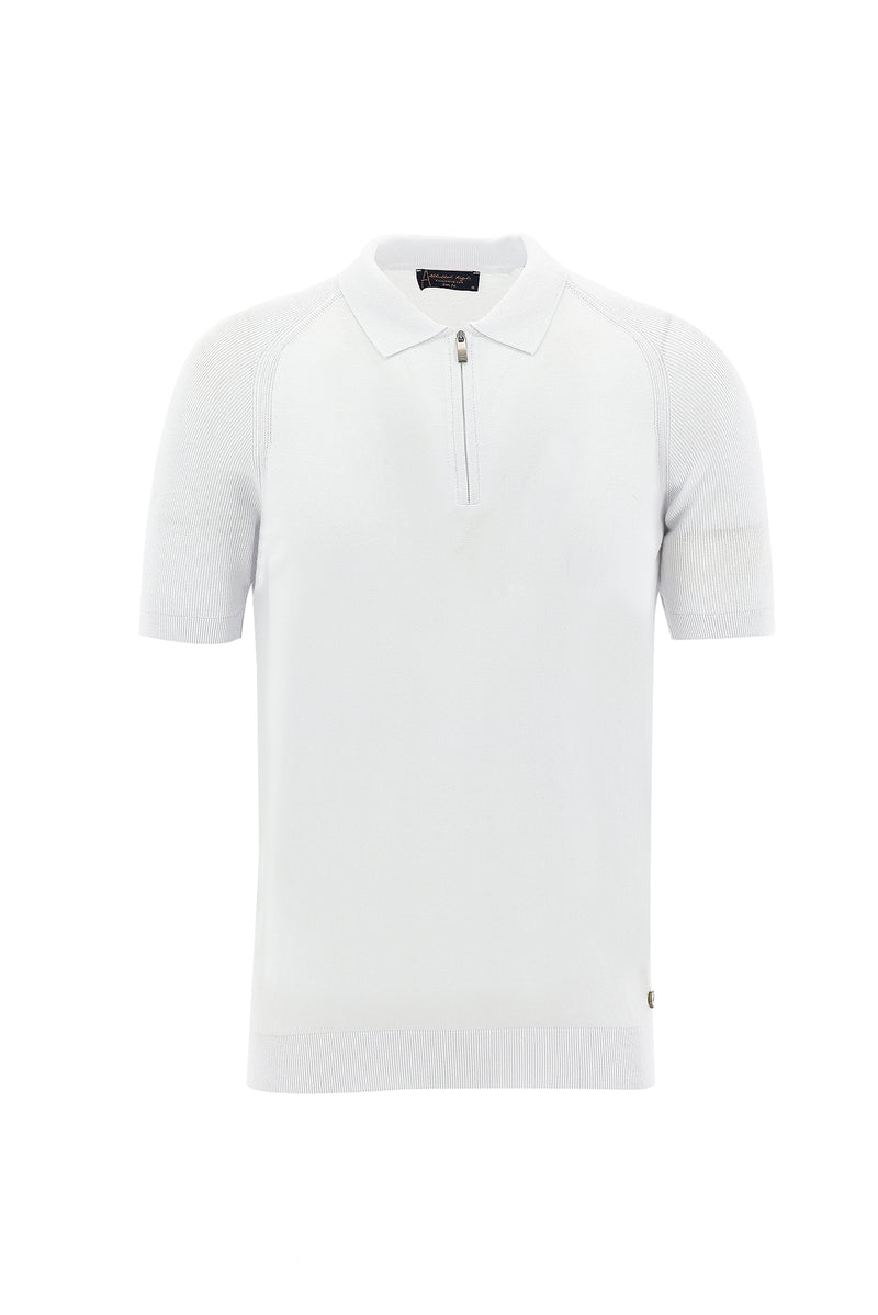 Beyaz Polo Yaka Slim Fit Dar Kesim Fermuarlı Desenli T-shirt