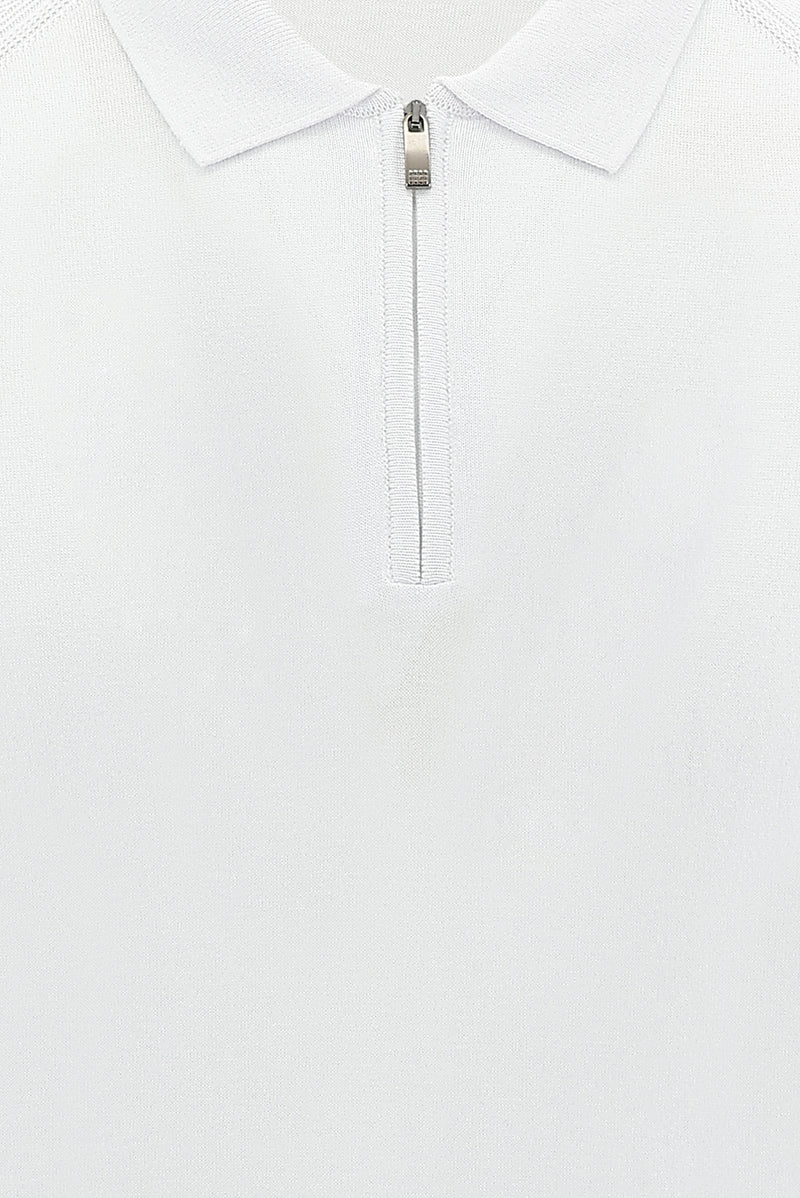 Beyaz Polo Yaka Slim Fit Dar Kesim Fermuarlı Desenli T-shirt
