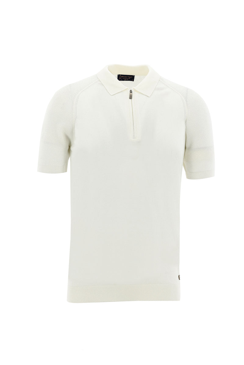 Ekru Polo Yaka Slim Fit Dar Kesim Fermuarlı Desenli T-shirt