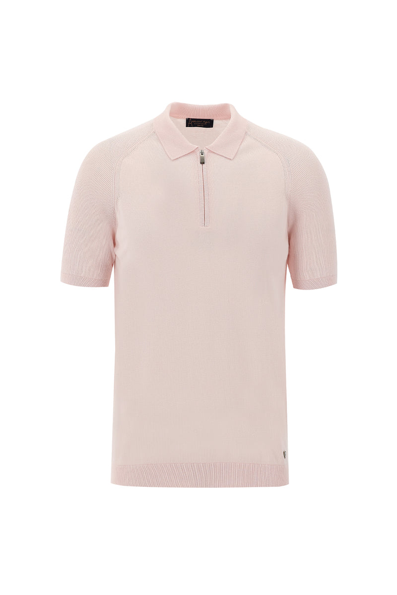 Toz Pembe Polo Yaka Slim Fit Dar Kesim Fermuarlı T-shirt