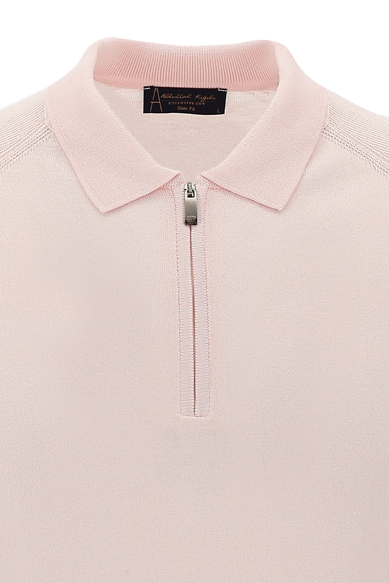 Toz Pembe Polo Yaka Slim Fit Dar Kesim Fermuarlı T-shirt