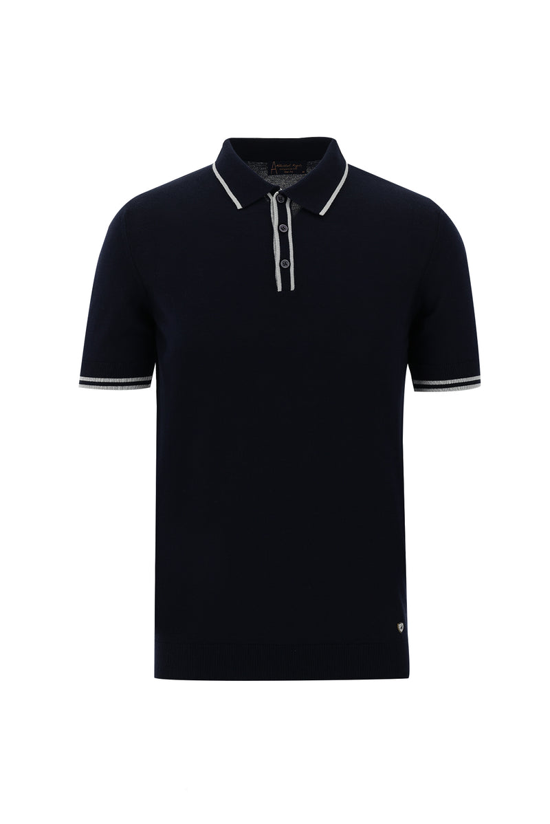Orta Lacivert Polo Yaka Slim Fit Dar Kesim T-shirt