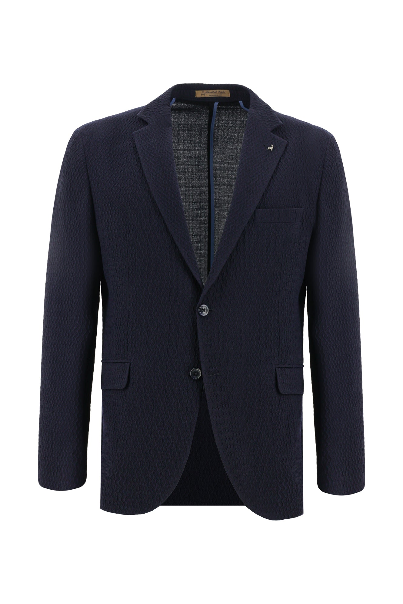 Koyu Lacivert Slim Fit Dar Kesim İtalyan Desenli Gofre Yün Ceket