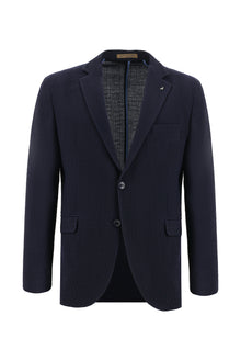 Koyu Lacivert Slim Fit Dar Kesim İtalyan Desenli Gofre Yün Ceket