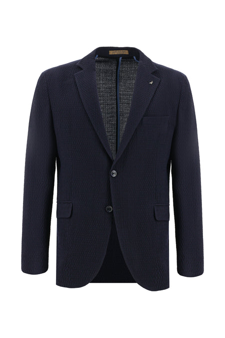 Koyu Lacivert Slim Fit Dar Kesim İtalyan Desenli Gofre Yün Ceket