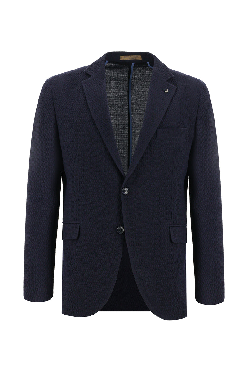 Koyu Lacivert Slim Fit Dar Kesim İtalyan Desenli Gofre Yün Ceket