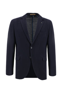Koyu Lacivert 7 Drop Slim Fit Dar Kesim ?talyan Desenli Gofre Yün Ceket-Abdullah Ki??l?