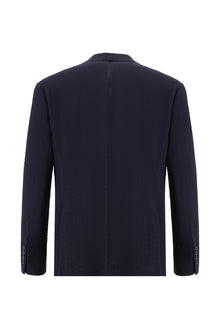 Koyu Lacivert Slim Fit Dar Kesim İtalyan Desenli Gofre Yün Ceket