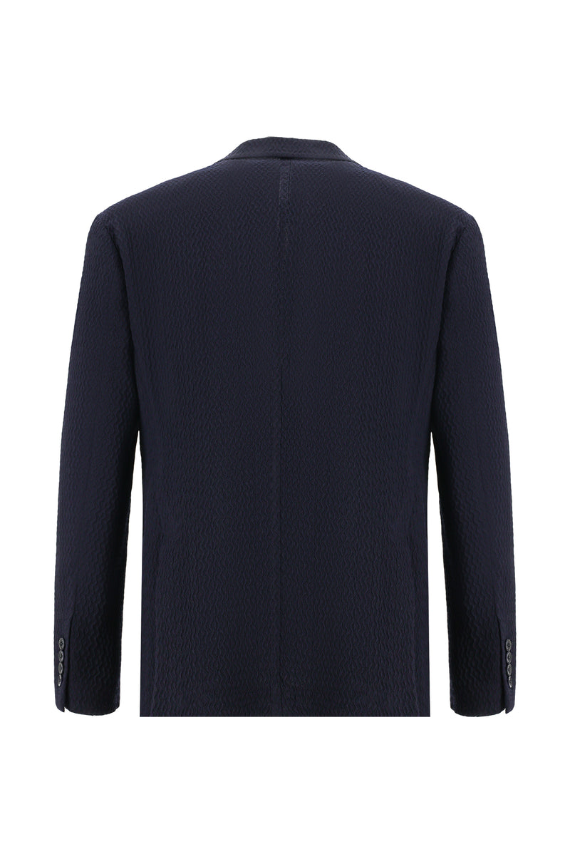 Koyu Lacivert Slim Fit Dar Kesim İtalyan Desenli Gofre Yün Ceket