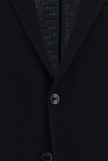 Koyu Lacivert Slim Fit Dar Kesim İtalyan Desenli Gofre Yün Ceket