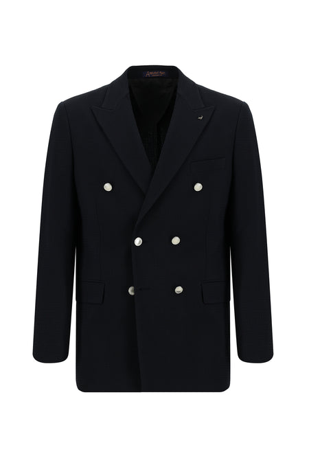 Koyu Lacivert Regular Fit Yünlü Kruvaze Gofre Ceket